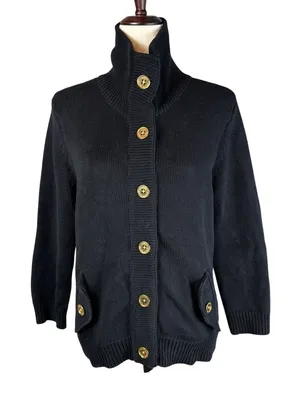 Ralph Lauren Classic Gold Button Cardigan Sweater Jacket Size L Black‎ Cotton thumbnail 1