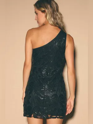 Lulus Madina Black Sequin‎ One-Shoulder Bodycon Mini Dress size small NWT thumbnail 2