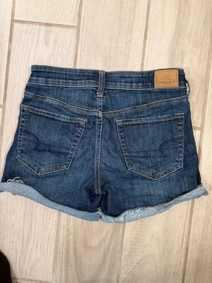 American Eagle Outfitters Dark Blue Denim Frayed Hem Jean Shorts thumbnail 6