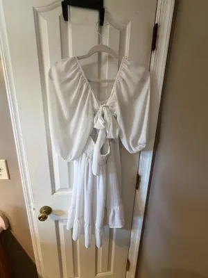 White Amazon Dress, thigh length, adjustable tie back  thumbnail 2