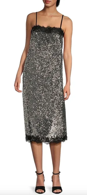 Gianni Bini Lilly Sisto Allegra Sequin Slip Midi Dress Silver Lace Trim US 6 NWT thumbnail 1
