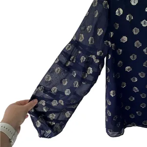 Lilly Pulitzer Giana Silk Top Navy and Gold V Neck Balloon Puff Long Sleeve SZ S thumbnail 2