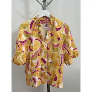 THML Women’s Yellow Pink Abstract Swirl Puff Sleeve V-Neck Blouse Top Size M thumbnail 2