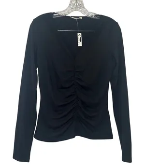 NWT Madewell Shirred V-Neck Long-Sleeve Top black women's large minimal basic thumbnail 1