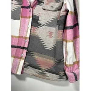 Entro Shacket Pink Aztec Plaid Colorblock Button Front Southwestern Boho Large thumbnail 2