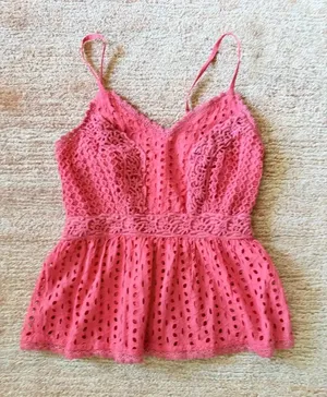 Japna Red Cotton Eyelet Lace Peplum Tank Top Adjustable Straps Size S thumbnail 1