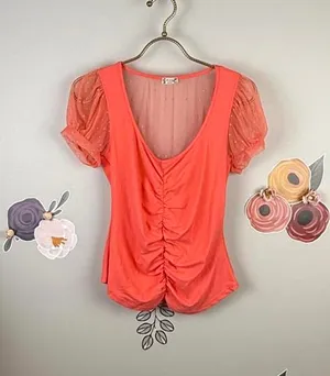 Free People Intimately Coral Blush Up Ruched Crop Sleeved Blouse - Size - Small thumbnail 1