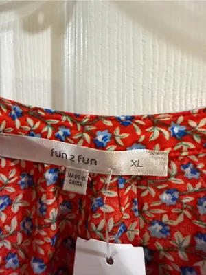 fun 2 fun Red Floral Short-Sleeve Blouse with Blue & White Accents thumbnail 2