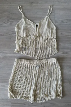 Cotton Candy Cream Knit Crop Top & Shorts Set Coverup thumbnail 1