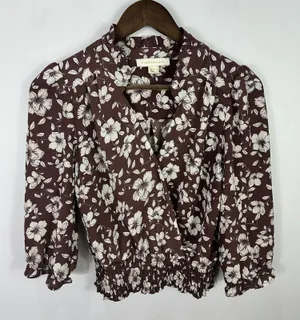 Monteau Blouse M Brown Floral Faux Wrap Cottagecore‎ Dark Romantic Feminine Top thumbnail 1