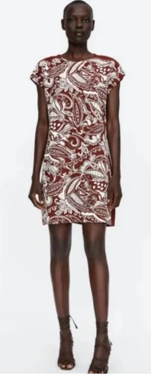 ZARA Paisley Textured Print Mini Shift Dress Burnt‎ Brick & White Size Small thumbnail 1