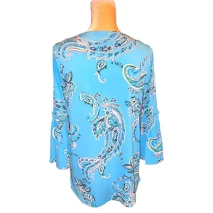 Dana Buchman pretty turquoise blue paisley stretchy top with bell sleeves thumbnail 5