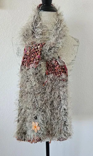 Vintage Y2K Hand Knitted Earthy Fuzzy Eyelash Yarn Scarf – Beige, Rust & Bronze thumbnail 1