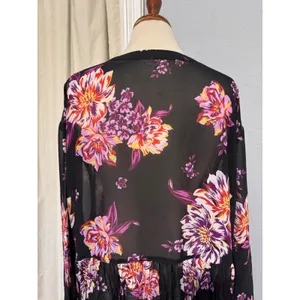 Cottagecore Womens Tunic‎ 2X Black Floral Sheer Mesh Babydoll Button Front Top thumbnail 10
