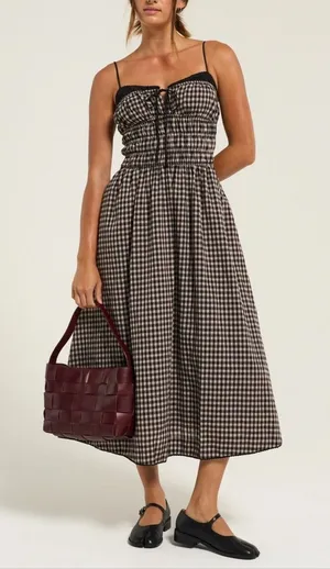 NIA Black Tan Gingham Smocked Midi Thomas Dress Lace Trim Pockets Womens Medium thumbnail 1