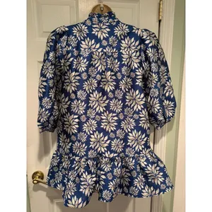 &merci Kay Dress‎ Blue Gold Floral Ruffle Tiered Puff Sleeve Jacquard Medium NWT thumbnail 2