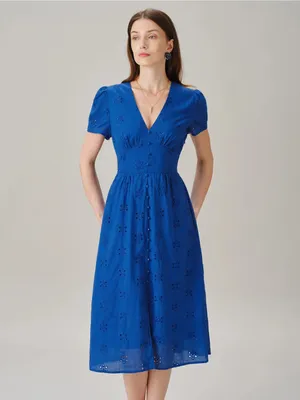 Rihoas Blue V Neck Puffed Sleeve Slit Midi Dress thumbnail 3