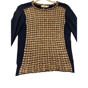 Tory Burch Black Knit Sweater‎ Textured Metallic Front Panel XS thumbnail 4