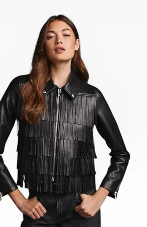 NEW BLANKNYC Fringe Thrills & Frills Faux Leather Full‎ Zip Moto Jacket Black XS thumbnail 1