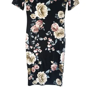 Haute Monde Floral Midi Dress M Black Off The Shoulder Sheath Bodycon‎ Pink Rose thumbnail 9