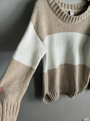 Offline by Aerie XS Chenille Sweater Beige Ivory Colorblock Oversized Cozy Knit thumbnail 2