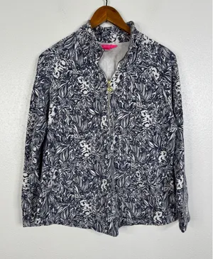Lilly Pulitzer Skipper Popover Navy White Koala Floral Half Zip Sweatshirt L thumbnail 1