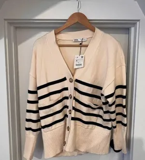 NWT Zara Cream and Black Knit Cardigan Sweater thumbnail 1