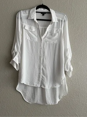 a.n.a White Button Down High Low Roll Tab Sleeve Utility Blouse Shirt Small thumbnail 7