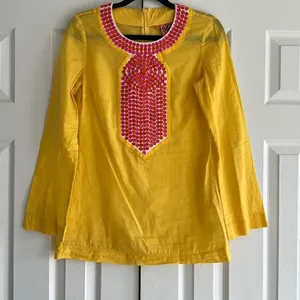 Tory Burch Yellow Embellished Tunic Top Sequin Neck Cotton Size 4 thumbnail 1