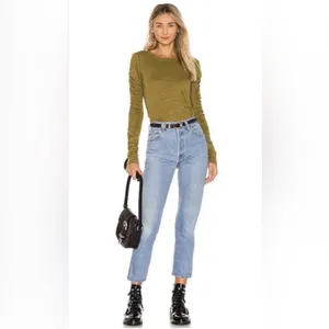 Free People Natasha Puff Sleeve Olive Green Top Size XS thumbnail 3