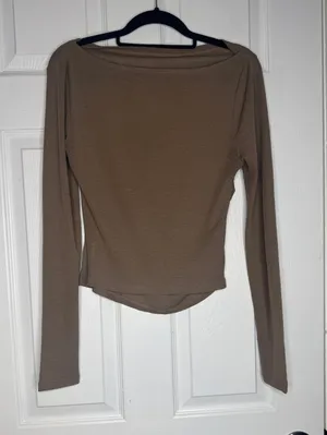 Commense Brown Boatneck Long Sleeve Blouse‎ Slinky Size L thumbnail 1