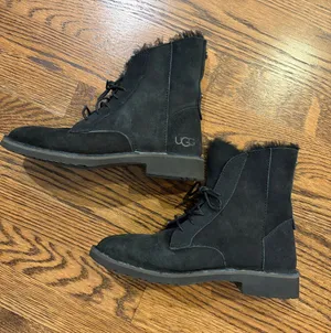 UGG Black Suede Lace-Up Shearling Ankle Boots, 6.5 thumbnail 1