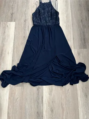 Morgan & Co Navy Lace Sequin Halter Maxi Gown Prom Evening Formal Dress Junior 7 thumbnail 4