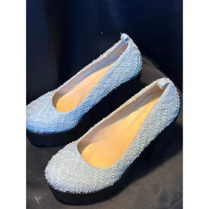 Light‎ Wash Distressed Denim Platform Pumps Chunky Black Lug Sole Block Heel Y2K Blue Size 7 thumbnail 7