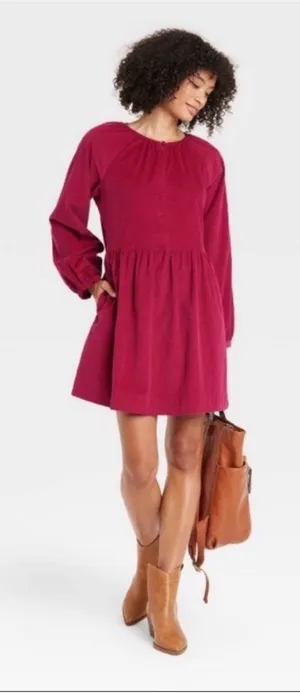 Universal Thread Burgundy Long-Sleeve Babydoll Mini Dress thumbnail 1