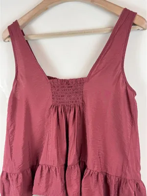 Maeve Anthropologie Smocked Ruffle Hem Swing Tank Top Burgundy Mauve Size M thumbnail 9