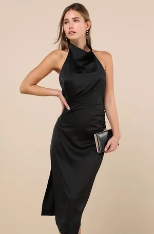 NWT Lulus Gorgeous Season Black Satin Backless Midi Dress Open back Party Size M thumbnail 1