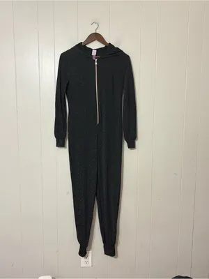 Savage X Fenty Sleep & Shine Hooded Jumpsuit Black Glitter Sz S Zip Front Lounge thumbnail 2