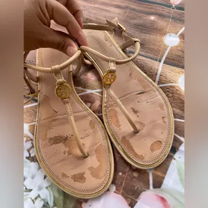 Tory Burch Tan Sandals with Gold Medallion thumbnail 2