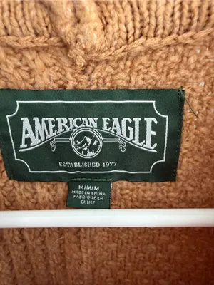 American Eagle Patchwork Cable Knit Mock Neck Sweater Camel Medium thumbnail 2