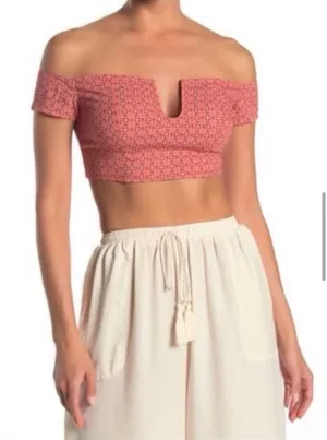 Free People Coral Pink Off The Shoulder Notch V-Neck Crop Top Geometric Boho SM thumbnail 1