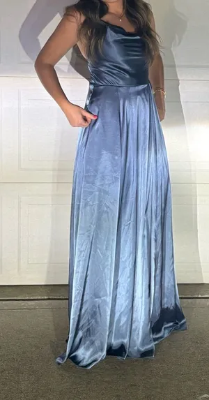 Blue satin prom dress with pockets thumbnail 1