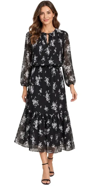 Lauren Ralph Lauren Black White Floral Georgette Tiered Midi Dress Size 2 thumbnail 1