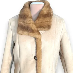 Vintage 90s Longline Cream Vegan Suede Leather Coat Faux Fur Collar Trim Large‎ thumbnail 2
