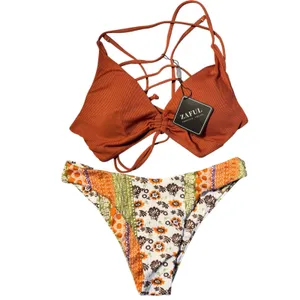 NWT ZAFUL Womens Ribbed Triangle Boho Print High Cut Swimsuit Coffee Small thumbnail 5