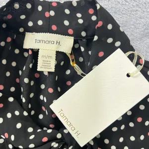 Tamara H Polka Dot‎ Blouse M Women Black Pink Tie Neck Long Sleeve Top Office thumbnail 3