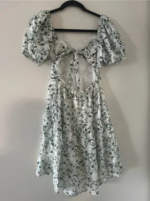 100% Cotton Green White Floral Puff Sleeve Mini Dress Small Cottagecore Romantic thumbnail 4