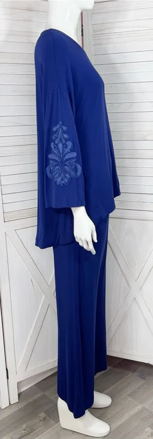 Soft‎ & Cozy Loungewear Embroidered Sleeve Wide Leg Pants Set Blue Small thumbnail 1