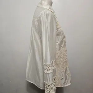 Fashion Apparel Blouse S/M Ivory Lace Patchwork Boho Eyelet Button Down Cottage thumbnail 4