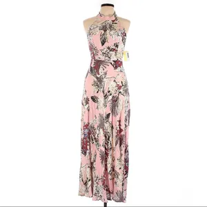 Aakaa Floral Halter Maxi Dress Size L NWT Reg $55 100% Rayon thumbnail 2
